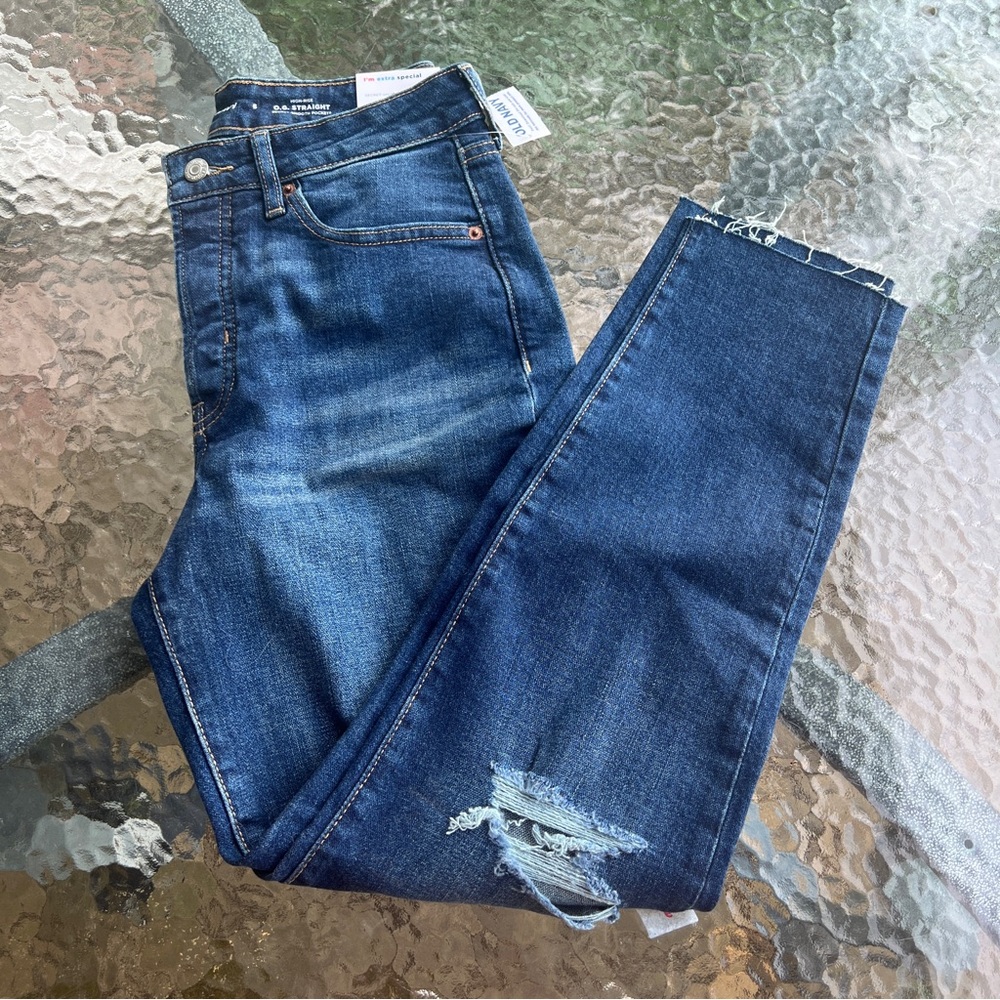 NWT Old Navy High Rise OG Straight Dark Wash Button Fly Distressed Ankle Jean C8